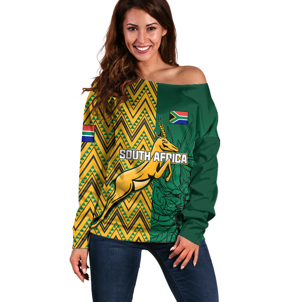 South Africa Off Shoulder Sweater Springbok and Proteas African Pattern - Wonder Print Shop