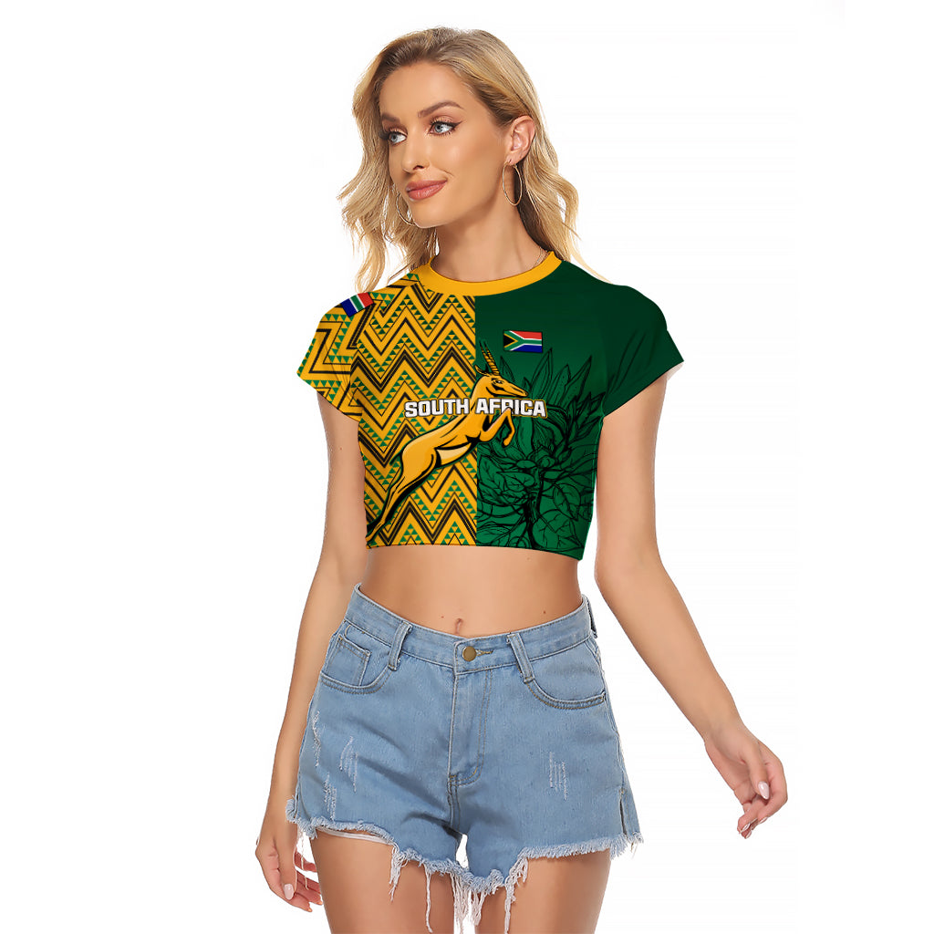 South Africa Raglan Cropped T Shirt Springbok and Proteas African Pattern - Wonder Print Shop