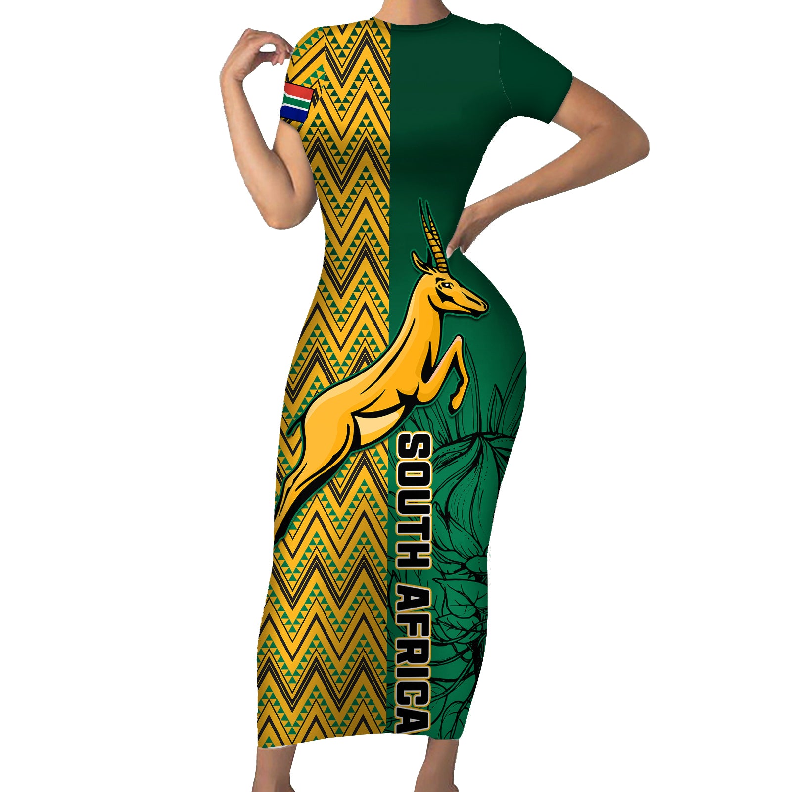 South Africa Short Sleeve Bodycon Dress Springbok and Proteas African Pattern - Wonder Print Shop