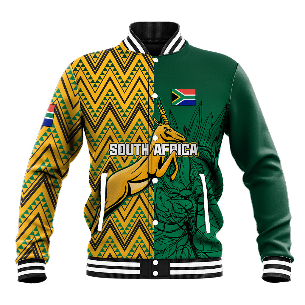 Unisex baseball jacket with green body, yellow zigzag sleeves, striped rib collar, button front