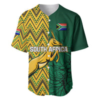 Green and yellow baseball jersey with geometric pattern, flag badge, South Africa graphic