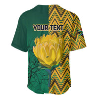 Green baseball jersey with Your Text on back, yellow protea flower, zigzag pattern