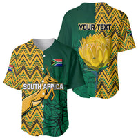 Green and yellow baseball jersey with South Africa front text, flag badge, protea/springbok art