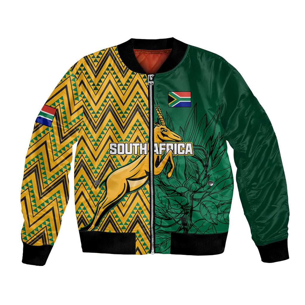 Unisex bomber jacket with yellow zigzag print, green sleeves, South Africa graphic