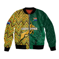 Unisex bomber jacket with yellow zigzag print, green sleeves, South Africa graphic