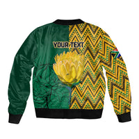 Unisex bomber jacket with large yellow flower, green leaf print, and YOUR TEXT