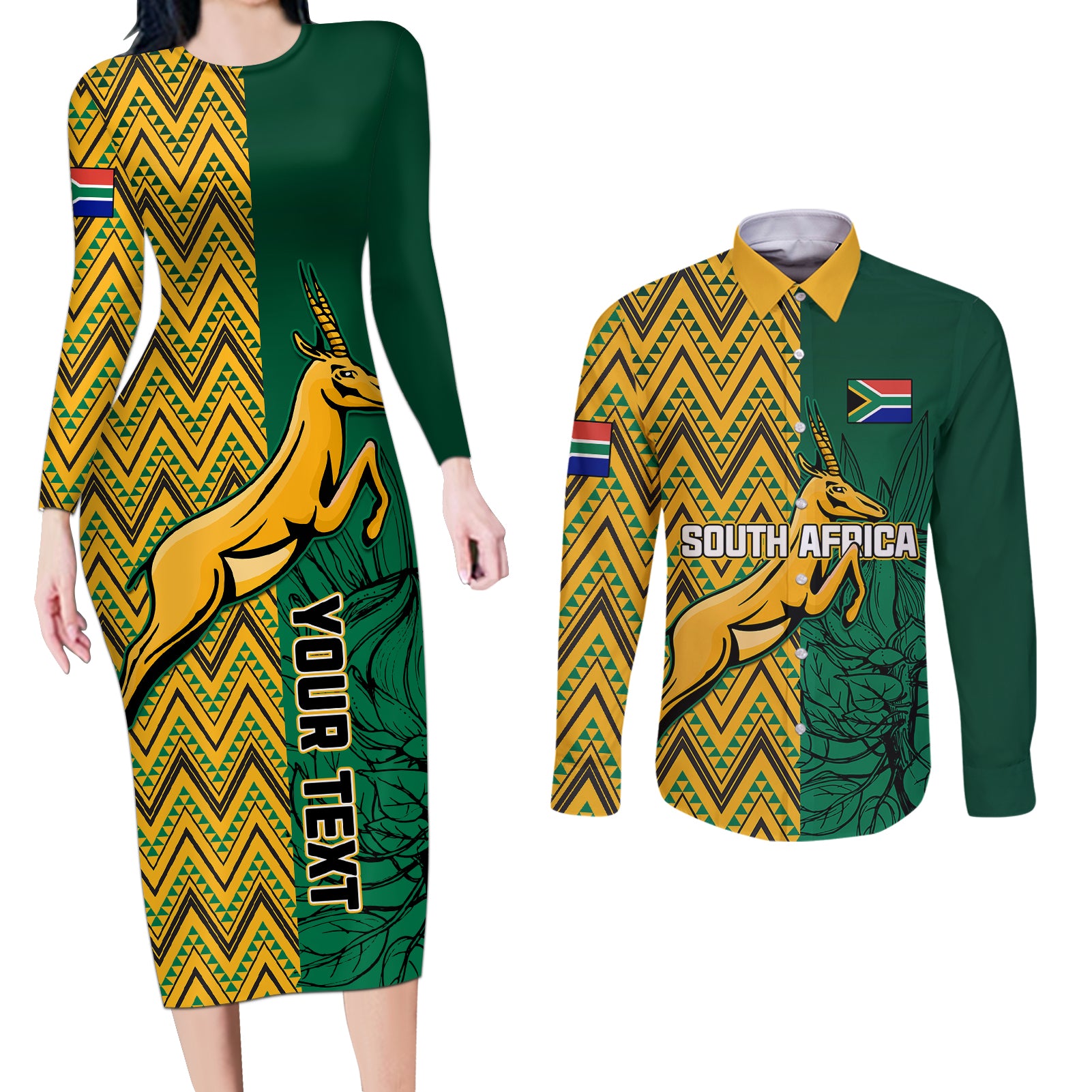 Personalised South Africa Couples Matching Long Sleeve Bodycon Dress and Long Sleeve Button Shirts Springbok and Proteas African Pattern - Wonder Print Shop