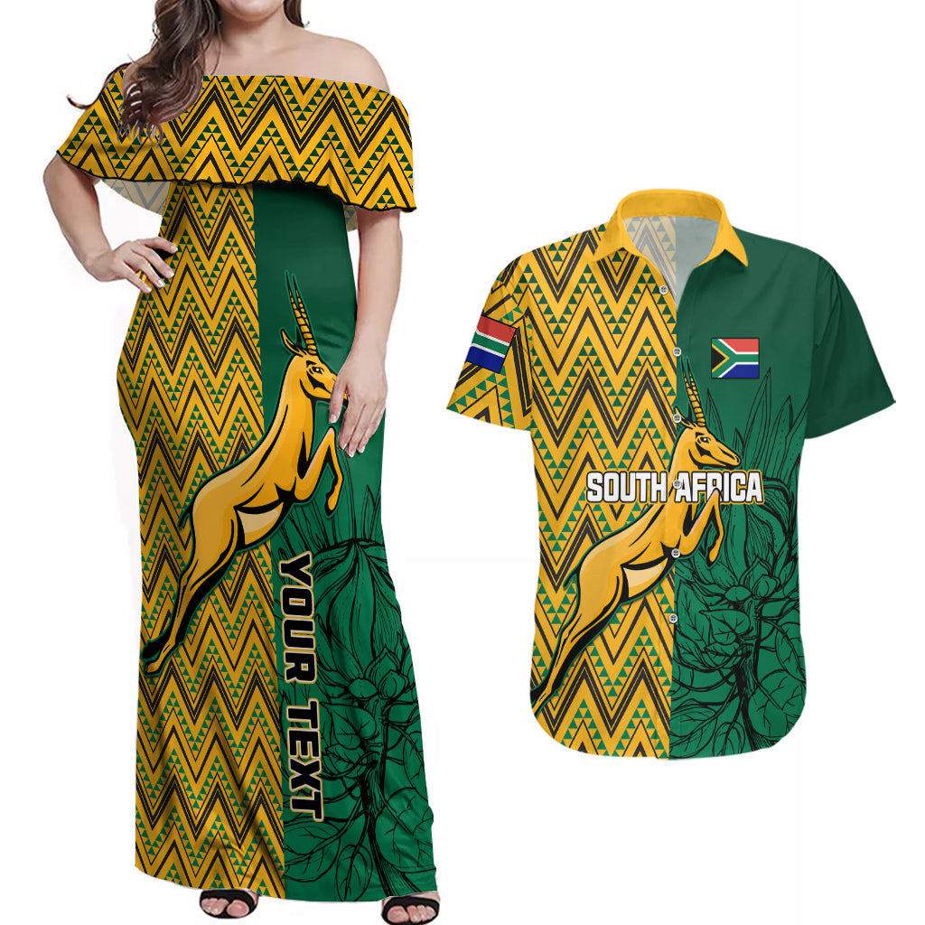 Personalised South Africa Couples Matching Off Shoulder Maxi Dress and Hawaiian Shirt Springbok and Proteas African Pattern - Wonder Print Shop