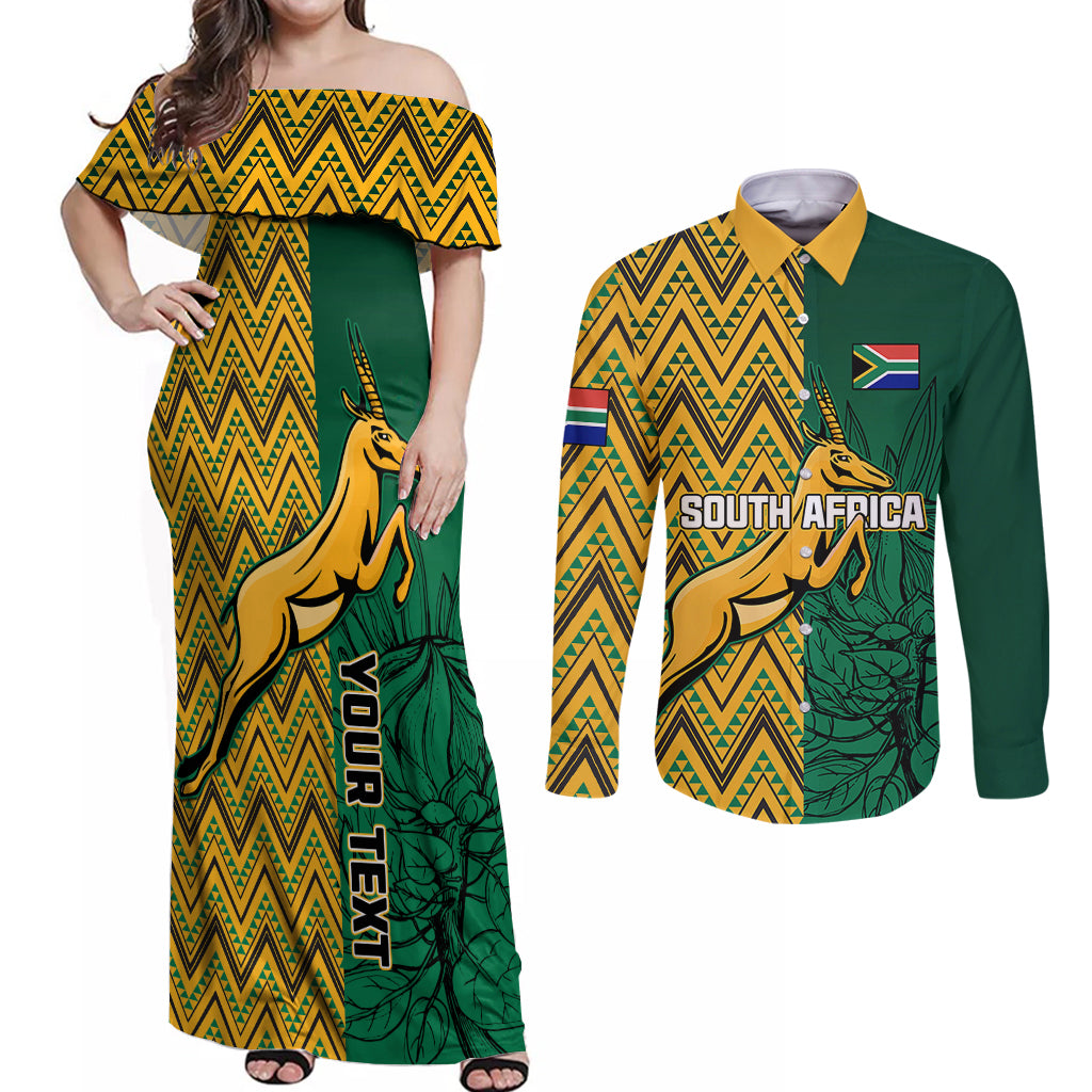 Personalised South Africa Couples Matching Off Shoulder Maxi Dress and Long Sleeve Button Shirts Springbok and Proteas African Pattern - Wonder Print Shop