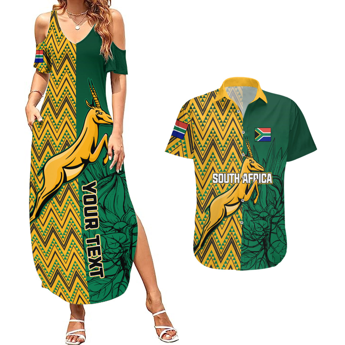 Personalised South Africa Couples Matching Summer Maxi Dress and Hawaiian Shirt Springbok and Proteas African Pattern - Wonder Print Shop