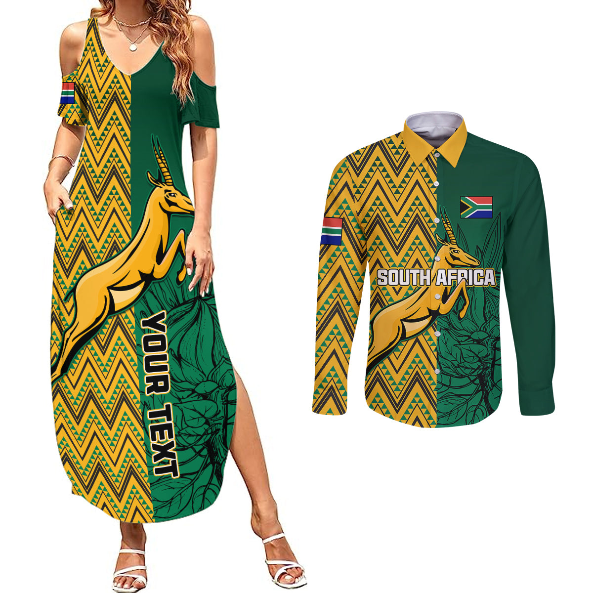 Personalised South Africa Couples Matching Summer Maxi Dress and Long Sleeve Button Shirts Springbok and Proteas African Pattern - Wonder Print Shop