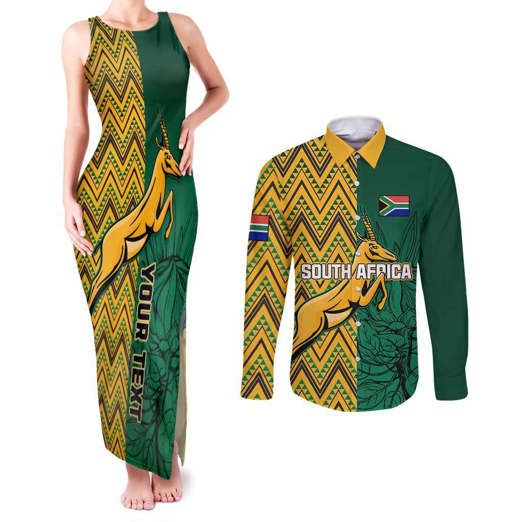 Personalised South Africa Couples Matching Tank Maxi Dress and Long Sleeve Button Shirts Springbok and Proteas African Pattern - Wonder Print Shop