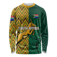 Unisex long-sleeve shirt with South Africa graphic, green/yellow tribal pattern