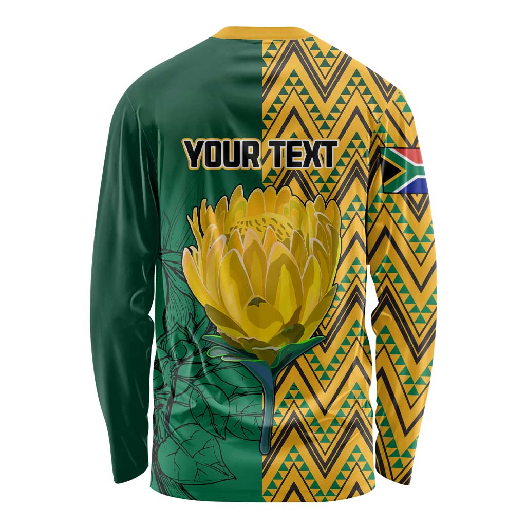 Unisex long-sleeve shirt with back YOUR TEXT, yellow-green protea pattern
