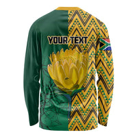 Unisex long-sleeve shirt with back YOUR TEXT, yellow-green protea pattern
