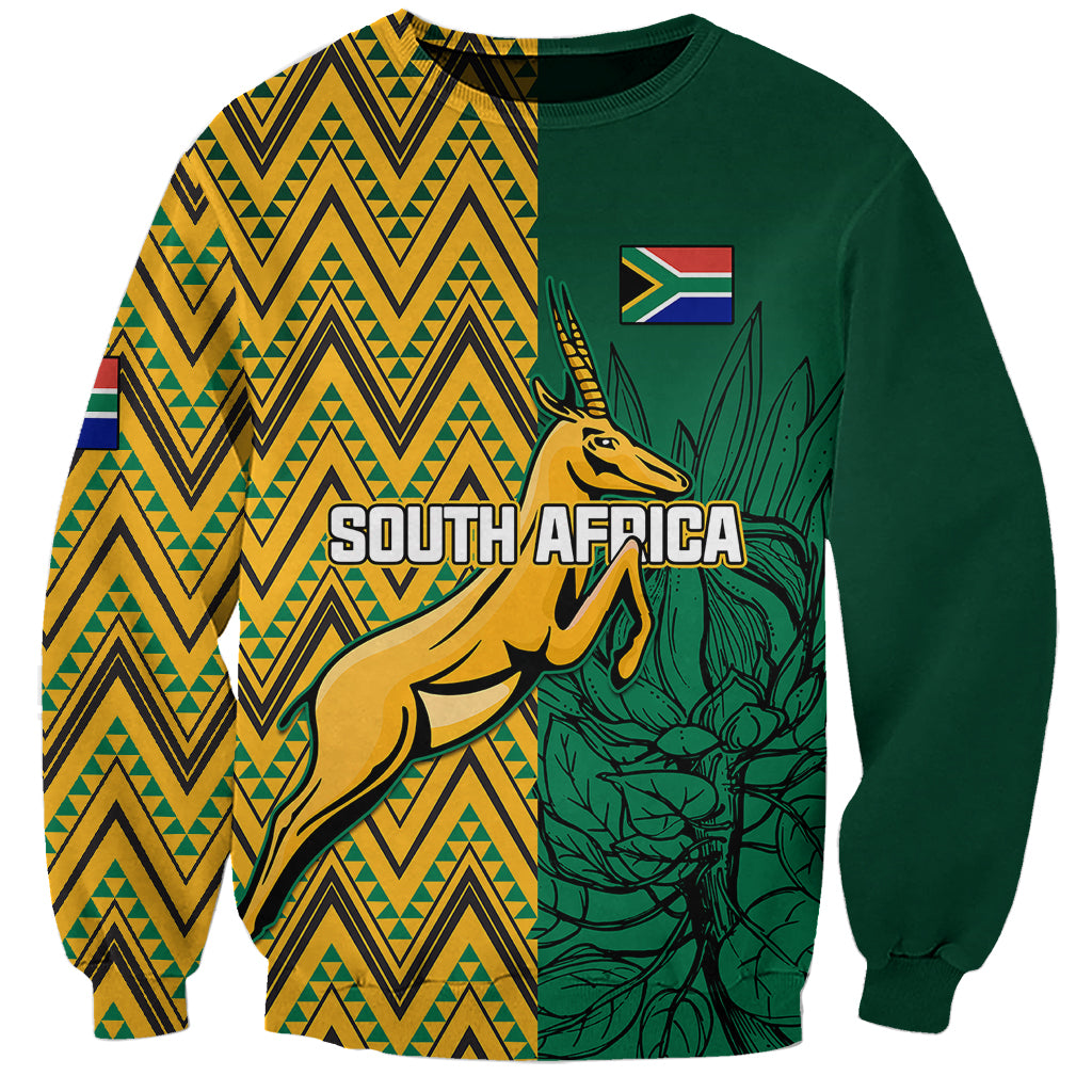 Personalized South Africa sweatshirt in dark green with zigzag pattern and Springbok graphic