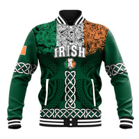 Green baseball jacket with striped collar, 'IRISH' front print, shamrock and celtic knots