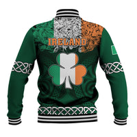 Green baseball jacket with striped collar and cuffs, 'IRELAND' back clover emblem, celtic knots