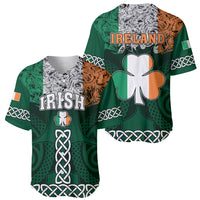 Two green baseball jerseys shown, IRISH and IRELAND prints with clover and knots