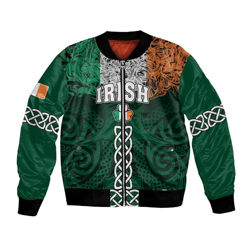 Green bomber jacket with IRISH text, shamrock knotwork, orange and black sleeves
