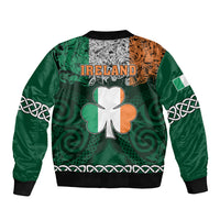 Green bomber jacket with IRELAND print and large four-leaf shamrock knotwork back