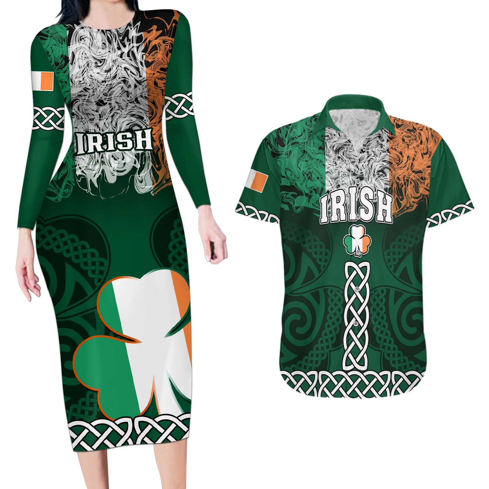 Ireland Couples Matching Long Sleeve Bodycon Dress and Hawaiian Shirt Irish Shamrock Mix Celtic Knotwork Pattern - Wonder Print Shop