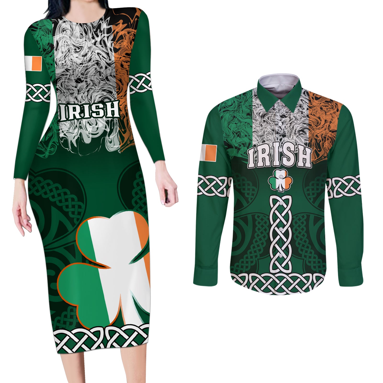 Ireland Couples Matching Long Sleeve Bodycon Dress and Long Sleeve Button Shirts Irish Shamrock Mix Celtic Knotwork Pattern - Wonder Print Shop