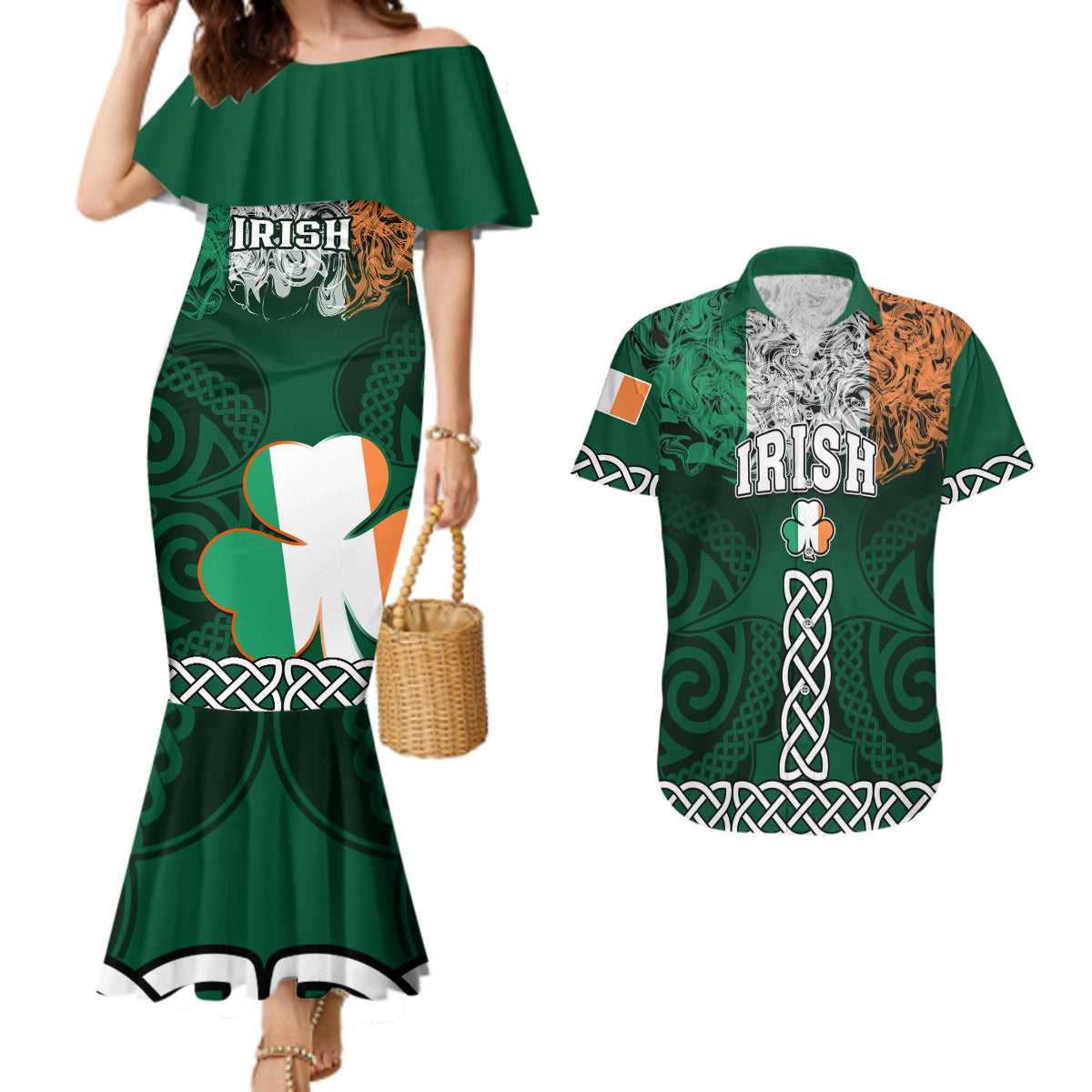 Ireland Couples Matching Mermaid Dress And Hawaiian Shirt Irish Shamrock Mix Celtic Knotwork Pattern - Wonder Print Shop