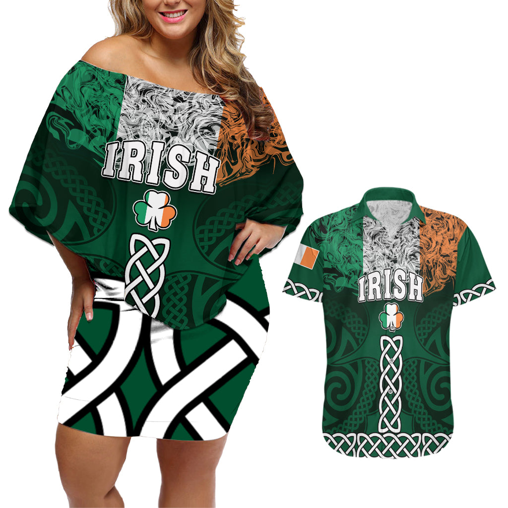 Ireland Couples Matching Off Shoulder Short Dress and Hawaiian Shirt Irish Shamrock Mix Celtic Knotwork Pattern - Wonder Print Shop