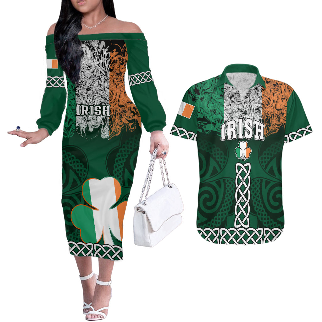 Ireland Couples Matching Off The Shoulder Long Sleeve Dress and Hawaiian Shirt Irish Shamrock Mix Celtic Knotwork Pattern - Wonder Print Shop