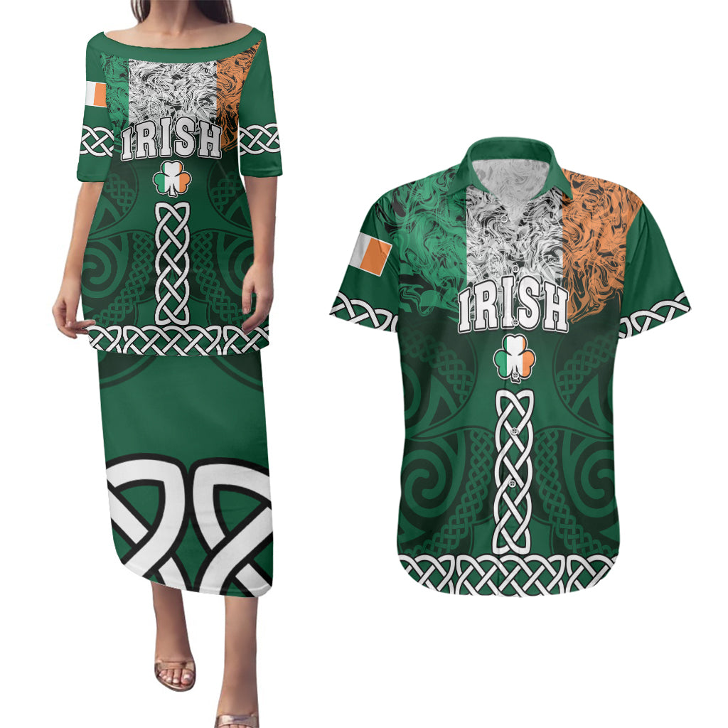 Ireland Couples Matching Puletasi Dress and Hawaiian Shirt Irish Shamrock Mix Celtic Knotwork Pattern - Wonder Print Shop