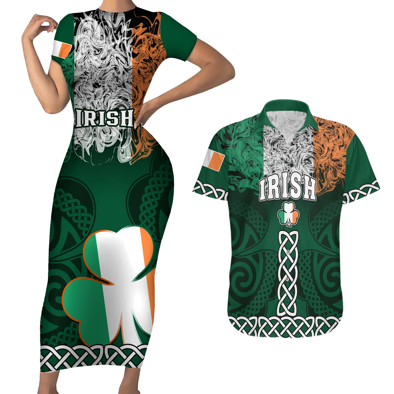 Ireland Couples Matching Short Sleeve Bodycon Dress and Hawaiian Shirt Irish Shamrock Mix Celtic Knotwork Pattern - Wonder Print Shop