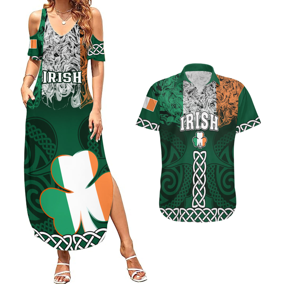 Ireland Couples Matching Summer Maxi Dress and Hawaiian Shirt Irish Shamrock Mix Celtic Knotwork Pattern - Wonder Print Shop