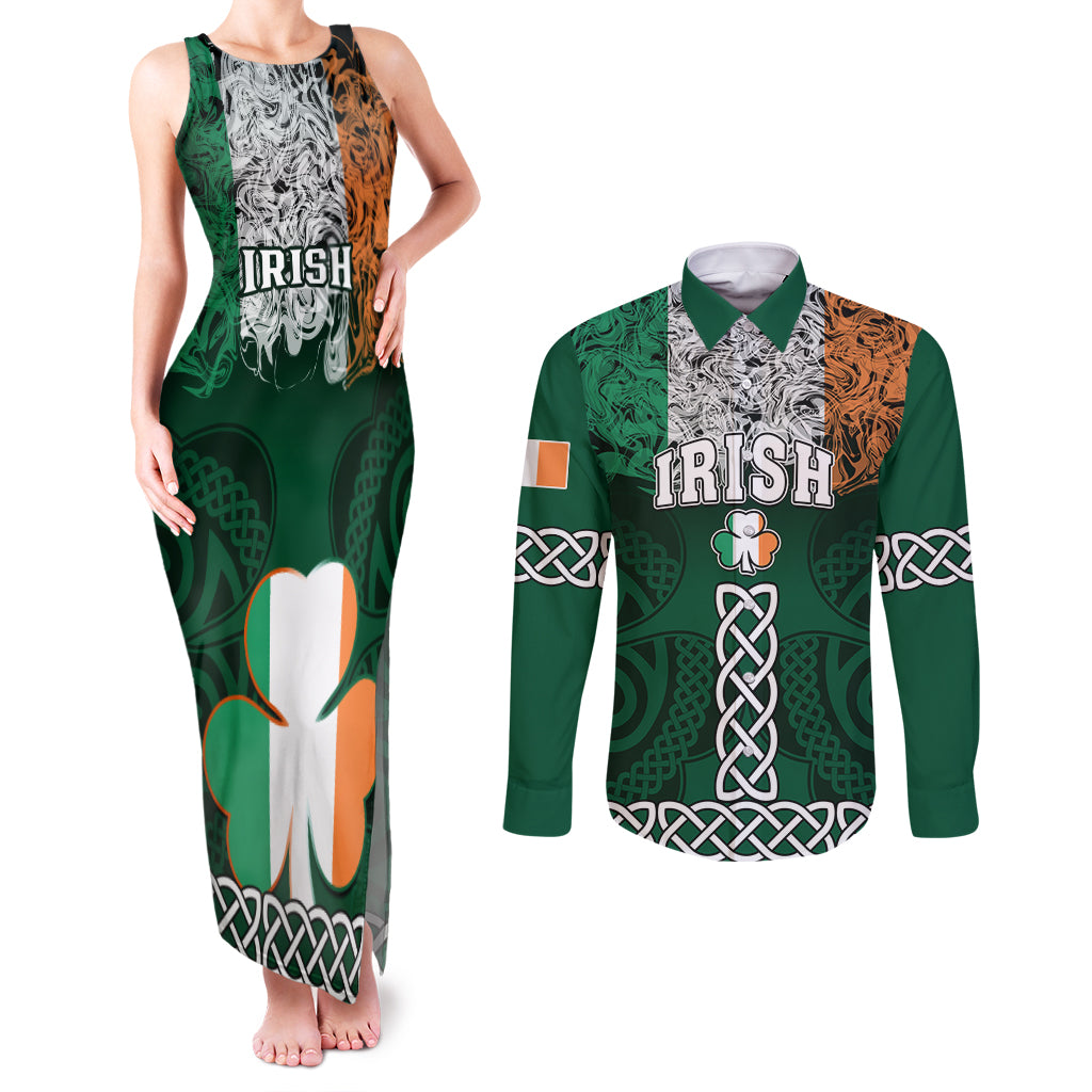 Ireland Couples Matching Tank Maxi Dress and Long Sleeve Button Shirts Irish Shamrock Mix Celtic Knotwork Pattern - Wonder Print Shop