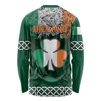 Unisex long-sleeve shirt, green back with IRELAND text and large clover knotwork print