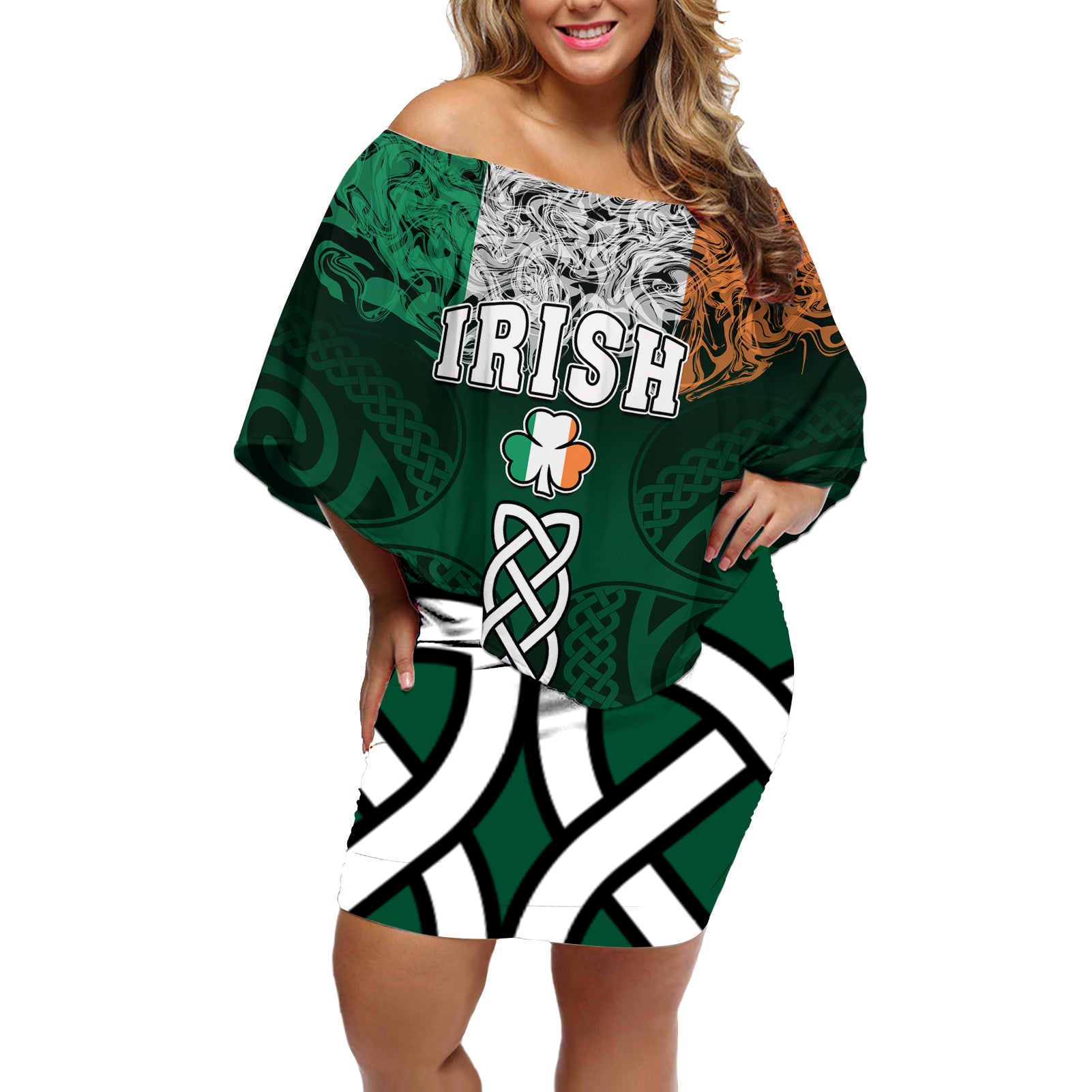 Ireland Off Shoulder Short Dress Irish Shamrock Mix Celtic Knotwork Pattern - Wonder Print Shop