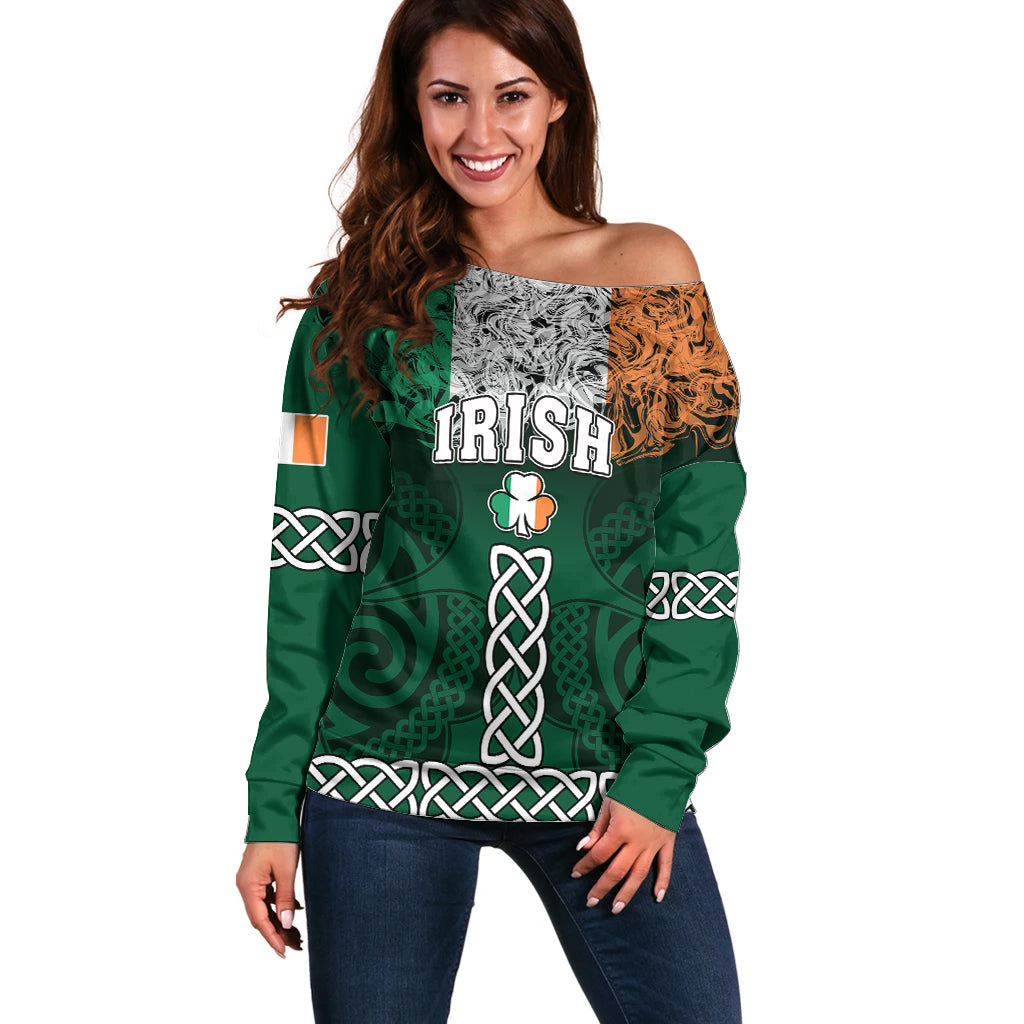 Ireland Off Shoulder Sweater Irish Shamrock Mix Celtic Knotwork Pattern - Wonder Print Shop