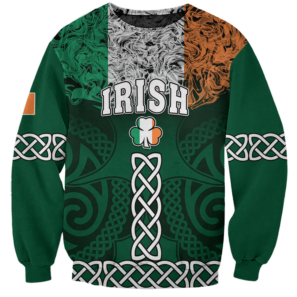 Unisex green sweatshirt with 'IRISH' print, clover graphic and Celtic knot details