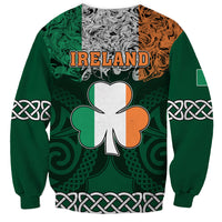 Unisex green sweatshirt with 'IRELAND' text, large clover graphic and Celtic knot pattern