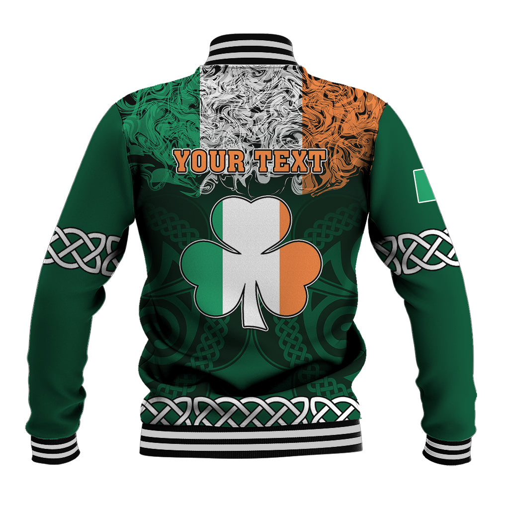Green baseball jacket with striped collar, clover graphic and 'YOUR TEXT' on back, button front
