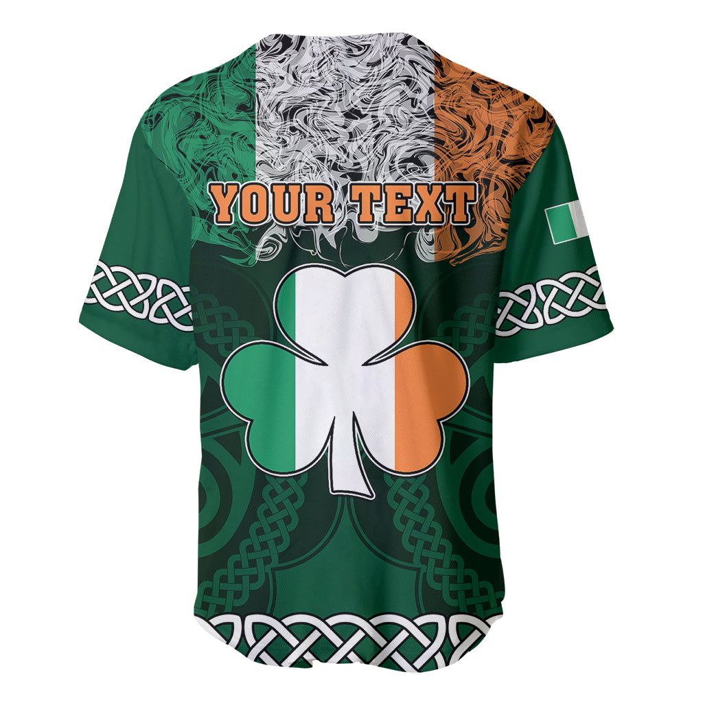 Green baseball jersey with YOUR TEXT, large clover emblem, Celtic knot and shamrock accents