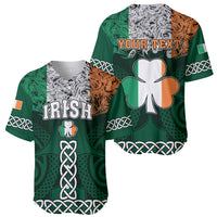 Two green baseball jerseys: IRISH and YOUR TEXT designs with clover and Celtic knot patterns