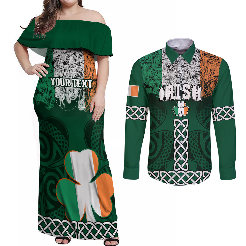 Personalised Ireland Couples Matching Off Shoulder Maxi Dress and Long Sleeve Button Shirts Irish Shamrock Mix Celtic Knotwork Pattern - Wonder Print Shop