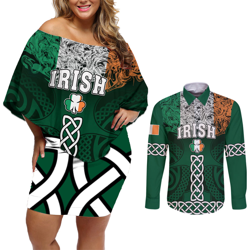 Personalised Ireland Couples Matching Off Shoulder Short Dress and Long Sleeve Button Shirts Irish Shamrock Mix Celtic Knotwork Pattern - Wonder Print Shop