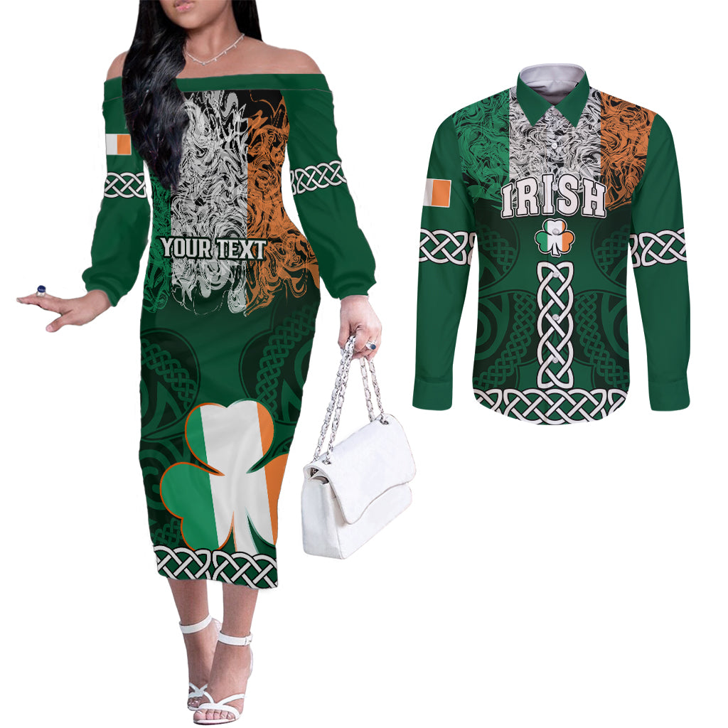 personalised-ireland-couples-matching-off-the-shoulder-long-sleeve-dress-and-long-sleeve-button-shirts-irish-shamrock-mix-celtic-knotwork-pattern