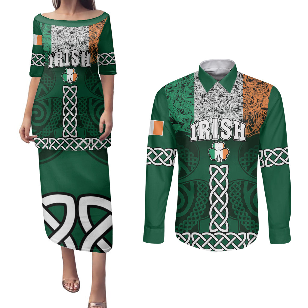 Personalised Ireland Couples Matching Puletasi Dress and Long Sleeve Button Shirts Irish Shamrock Mix Celtic Knotwork Pattern - Wonder Print Shop