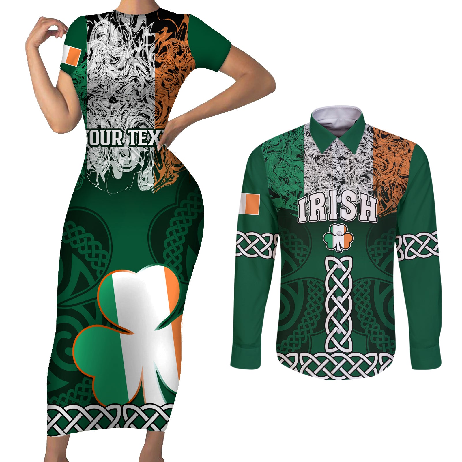 Personalised Ireland Couples Matching Short Sleeve Bodycon Dress and Long Sleeve Button Shirts Irish Shamrock Mix Celtic Knotwork Pattern - Wonder Print Shop