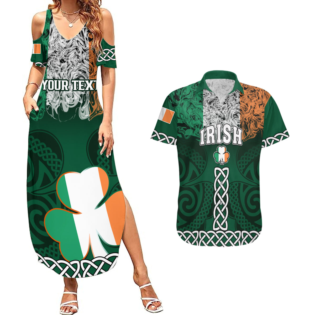 Personalised Ireland Couples Matching Summer Maxi Dress and Hawaiian Shirt Irish Shamrock Mix Celtic Knotwork Pattern - Wonder Print Shop