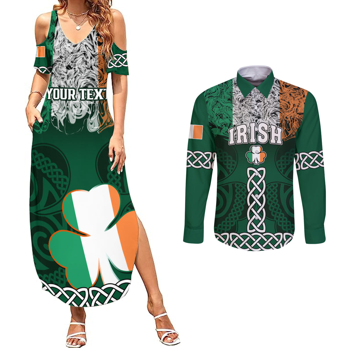 Personalised Ireland Couples Matching Summer Maxi Dress and Long Sleeve Button Shirts Irish Shamrock Mix Celtic Knotwork Pattern - Wonder Print Shop