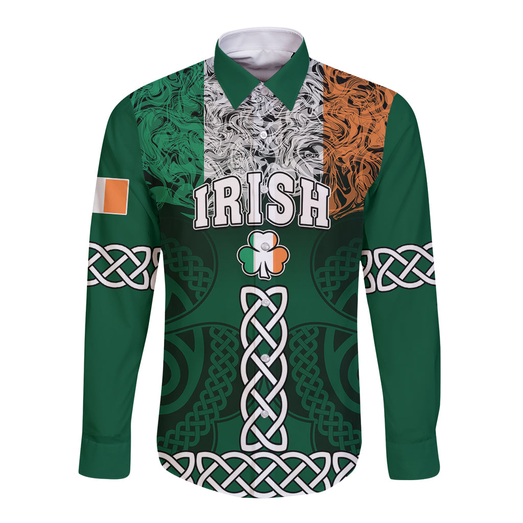Green long-sleeve button shirt with Celtic knot pattern and shamrock, IRISH print